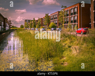 Modern ecological Street with middle class family apartments and natural eco friendly river bank in Wageningen city, Netherlands Stock Photo