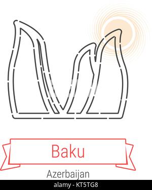 Baku, Azerbaijan Vector Line Icon with Red Ribbon Isolated on White. Baku Landmark - Emblem - Print - Label - Symbol. Baku Flame Towers Pictogram Stock Vector