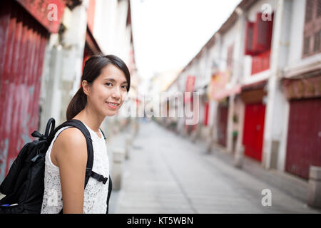 Woman visit in Macao old town Stock Photo