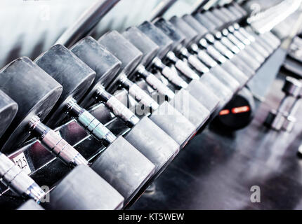 Rows of dumbbells in gym Stock Photo