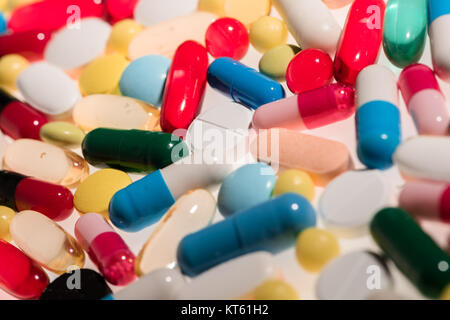 Close-up view of colorful medical pills and capsules, medicine and healthcare concept Stock Photo