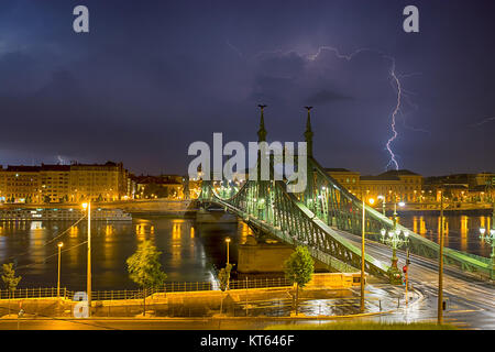 Lighting hit over Liberty bridge in Budapest Stock Photo
