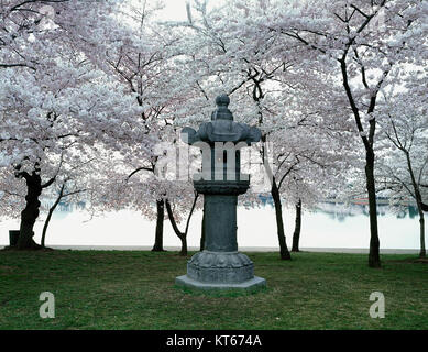 The Japanese Lantern, a stone statue located in West Potomac Park, Washington, D.C., symbolizes Japanese culture and is a gift from Japan, reflecting cultural exchange. Stock Photo