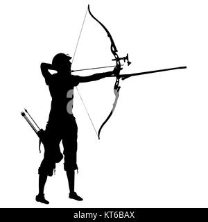 Silhouette attractive female archer bending a bow and aiming in the target Stock Photo