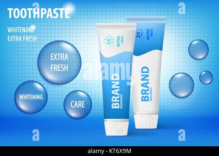 Whitening toothpaste concept, isolated on blue background. Tooth model and product package for web site, poster advertising and marketing. 3D Vector toothpaste illustration. Stock Vector