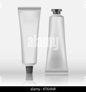 Packing White Realistic Tubes And Package For Cosmetics Isolated On White Background. Here Can Be Creams, Toothpaste, Gel, Sauce, Paint, Glue, Ointments, Lotions, Medicines Mockup For Your Design Stock Vector