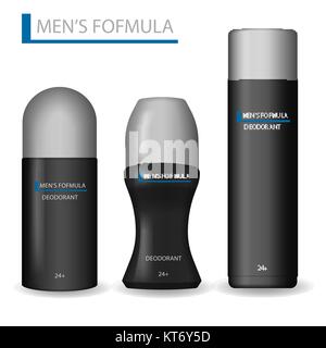 Body care products for men. Realistic Set of Black Cosmetics bottle can Spray, Deodorant, Roll-on and antiperspirant. Men formula Deodorant and antiperspirant. Vector illustration. Stock Vector