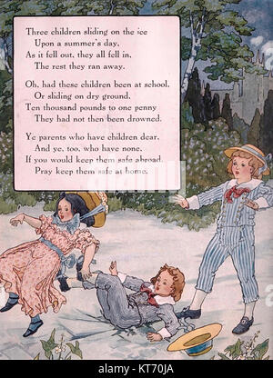 Three Children sliding on the Ice - Mother Goose Nursery Rhyme Stock Photo