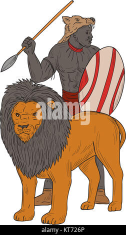 African Warrior Spear Hunting With Lion Drawing Stock Photo