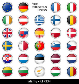 collection of round buttons with different EU country flags and silver frame Stock Photo