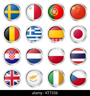 collection of round buttons with different country flags and silver frame Stock Photo