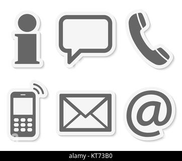 Contact Us, set of six gray colored icons with white frame and shadow