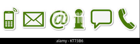 Contact Us, set of six green colored icons with white frame and shadow