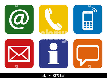Contact Us, set of six white icons in colored boxes