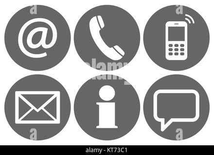 Contact Us, set of six white icons in gray circles Stock Photo