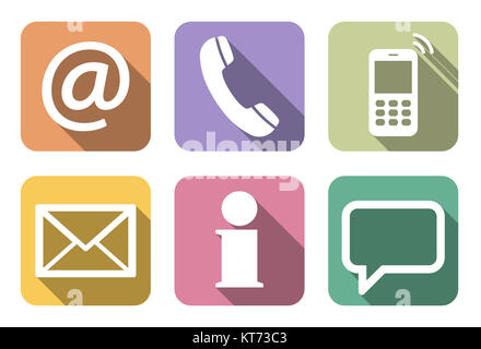 Contact Us, set of six white icons in colored boxes