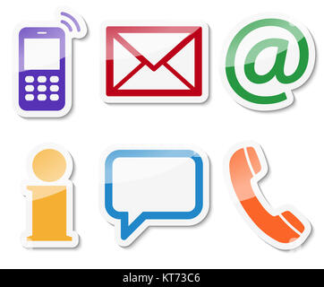 Contact Us, set of six colored icons with white frame and shadow