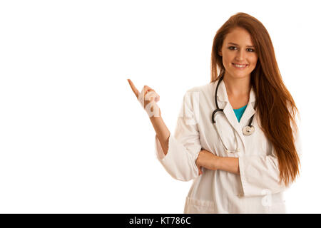 health care and medicine - young woman doctor isolated over white