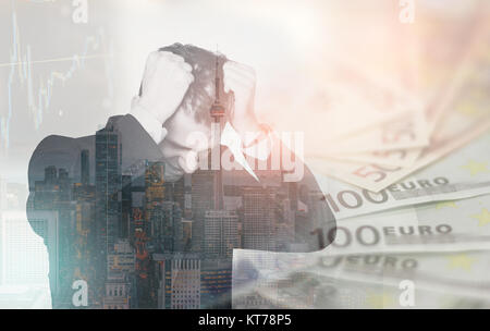 Double exposure of business man in stress over financial issues, pulling his hair in despair. Finance concept Stock Photo