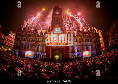 Christmas lights switch on 2017 at albert Square in Manchester city centre The Town Hall firework display Stock Photo