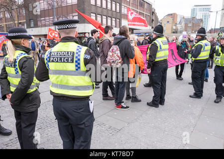 people rallied in front of Cardiff Central Tran Station in opposition to announced fascist demo and to stop them entering Cardiff City. Stock Photo