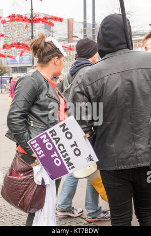 people rallied in front of Cardiff Central Tran Station in opposition to announced fascist demo and to stop them entering Cardiff City. Stock Photo