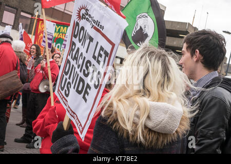 people rallied in front of Cardiff Central Tran Station in opposition to announced fascist demo and to stop them entering Cardiff City. Stock Photo