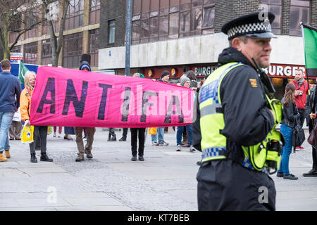 people rallied in front of Cardiff Central Tran Station in opposition to announced fascist demo and to stop them entering Cardiff City. Stock Photo