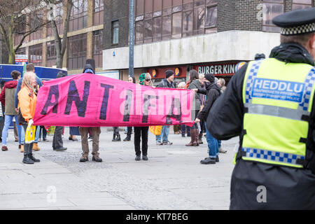 people rallied in front of Cardiff Central Tran Station in opposition to announced fascist demo and to stop them entering Cardiff City. Stock Photo