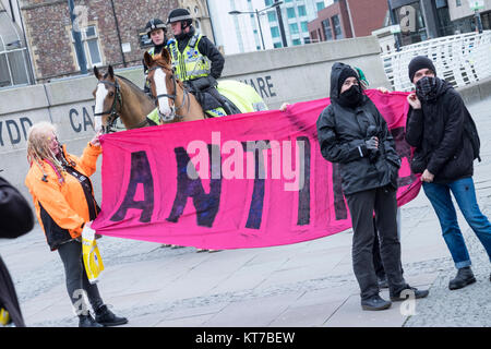 people rallied in front of Cardiff Central Tran Station in opposition to announced fascist demo and to stop them entering Cardiff City. Stock Photo