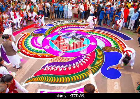 Large Rangoli. Pattern created on the floor using colored powders. Ganesh Chaturthi Stock Photo