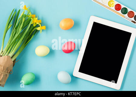 The top view of easter on blue table office workplace Stock Photo
