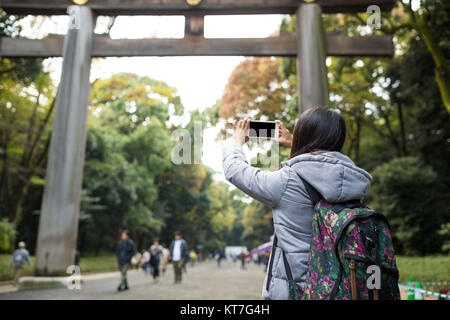 Woman take photo of Japanese torri in Meji Shrine Stock Photo