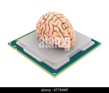 Computer Processor CPU with Human Brain Isolated Stock Photo