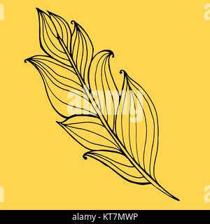 Hand drawn doodle zentangle feather isolated from background. Black illustration with different ornaments. Stock Photo