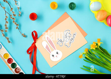 The top view of easter on blue table office workplace Stock Photo