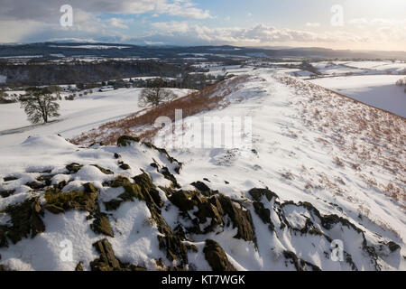 Hope Bowdler under snow at Church Stretton, looking towards Titterstone Clee, Shropshire, England, UK. Stock Photo