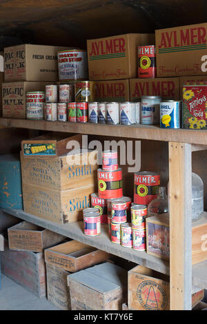 Canned and dried foods display in an old storeroom at Bar U Ranch National Historic Site, Alberta, Canada Stock Photo