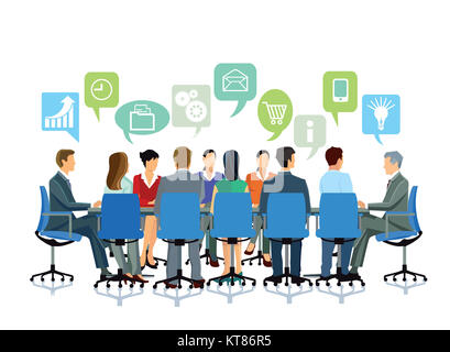 business discussion in group with speech bubbles Stock Photo