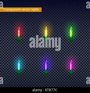 Christmas light decoration set, realistic transparent holiday lamp bulbs with glow effect on isolated background. EPS10 vector. Stock Vector