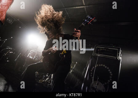 The American hard rock band Crobot performs a live concert at Stengade in Copenhagen. Here bass player Jake Figueroa is seen live on stage. Denmark, 02/03 2015. Stock Photo