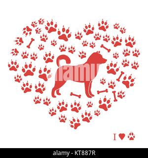 Shiba Inu silhouette on a background of dog tracks and bones in the form of heart. Design element for postcard, banner, poster or print. Stock Vector