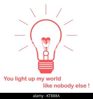 Glowing light bulb with glower in the shape of a heart and the inscription. Design for banner, poster or print. Greeting card Valentine's Day. Stock Vector