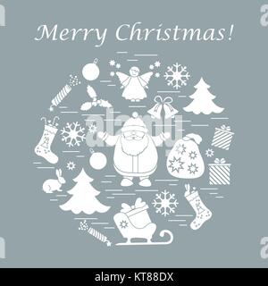 Vector illustration of different new year and christmas symbols arranged in a circle. Stock Vector