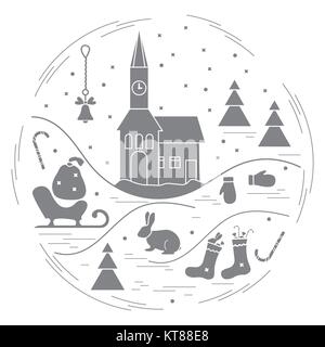 Vector illustration of different new year and christmas symbols arranged in a circle. Stock Vector