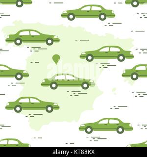 Pattern with cars and map of Spain. Travel and leisure. Design for announcement, advertisement, banner or print. Stock Vector