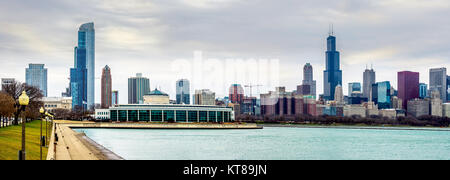 View of the Chicago Skyline from the Museum Campus - Lake Michigan shore. Stock Photo