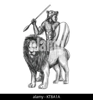 African Warrior Spear Lion Tattoo Stock Photo