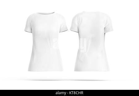 Crew neck shirt mockup set, blank white cloth template for women with invisible model on white background, 3d render Stock Photo