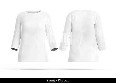 Three quarter sleeves shirt set, blank white cloth template for women with invisible model on white background, 3d render Stock Photo